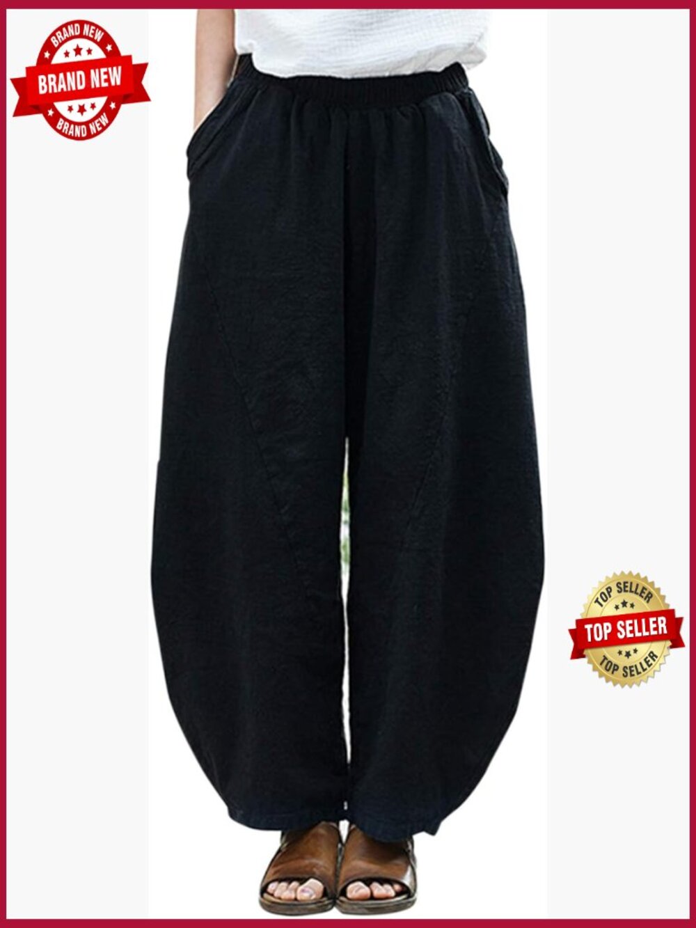 Women's Baggy Elastic Waist Relax Fit Cotton Linen Trousers Slacks